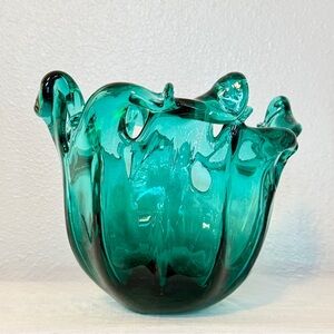 Large Murano Handblown Teal Crystal Bowl